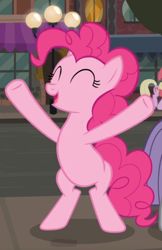 Size: 566x872 | Tagged: safe, screencap, character:pinkie pie, species:earth pony, species:pony, episode:the gift of the maud pie, g4, my little pony: friendship is magic, bipedal, cropped, eyes closed, female, hooves in air, mare, offscreen character, open mouth, smiling, solo, underhoof