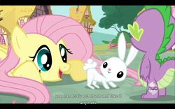 Size: 1024x640 | Tagged: safe, screencap, character:angel bunny, character:fluttershy, character:spike, episode:just for sidekicks, g4, my little pony: friendship is magic, youtube caption