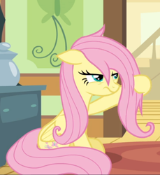 Size: 682x744 | Tagged: safe, screencap, character:fluttershy, species:pegasus, species:pony, episode:flutter brutter, g4, my little pony: friendship is magic, cropped, female, floppy ears, fluttershy is not amused, mare, messy mane, narrowed eyes, sitting, solo, unamused
