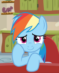 Size: 704x861 | Tagged: safe, screencap, character:rainbow dash, species:pegasus, species:pony, episode:flutter brutter, g4, my little pony: friendship is magic, chair, cropped, cute, dashabetes, hoof on cheek, hooves on the table, looking at you, sitting, smiling, solo, table