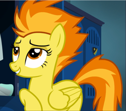 Size: 1073x940 | Tagged: safe, screencap, character:spitfire, species:pegasus, species:pony, episode:top bolt, g4, my little pony: friendship is magic, cropped, cute, cutefire, female, lidded eyes, looking up, mare, raised hoof, smiling, solo