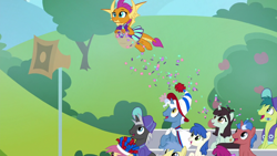 Size: 1920x1080 | Tagged: safe, screencap, character:berry punch, character:berryshine, character:goldengrape, character:pokey pierce, character:smolder, species:dragon, species:pony, episode:2-4-6 greaaat, cheerleader, cheerleader smolder, clothing, confetti, dragoness, female, flying, hat
