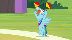 Size: 1920x1080 | Tagged: safe, screencap, character:rainbow dash, species:pegasus, species:pony, episode:2-4-6 greaaat, cap, clothing, eyes closed, female, hat, mare, rainbow dashs coaching whistle, solo, spread wings, whistle, whistle necklace, wings