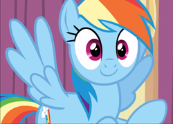 Size: 1305x938 | Tagged: safe, screencap, character:rainbow dash, species:pegasus, species:pony, episode:stranger than fanfiction, cropped, cute, dashabetes, female, flying, looking at you, mare, raised hoof, smiling, solo, spread wings, wings