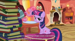 Size: 1590x872 | Tagged: safe, screencap, character:twilight sparkle, species:pony, species:unicorn, episode:spike at your service, g4, my little pony: friendship is magic, book, female, mare, youtube caption, youtube link