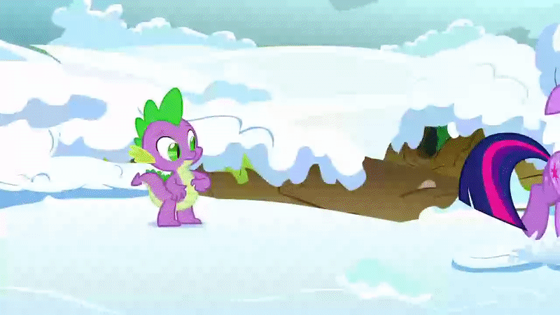 Size: 800x450 | Tagged: safe, screencap, character:spike, character:twilight sparkle, character:twilight sparkle (unicorn), species:dragon, species:pony, species:unicorn, episode:winter wrap up, g4, my little pony: friendship is magic, animated, duo, snow, walking backwards, winter