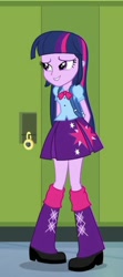 Size: 268x604 | Tagged: safe, screencap, character:twilight sparkle, character:twilight sparkle (alicorn), species:alicorn, species:pony, equestria girls:equestria girls, g4, my little pony:equestria girls, backpack, clothing, cropped, cute, female, leg warmers, pleated skirt, shoes, skirt, solo