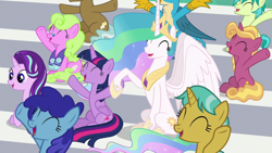 Size: 1920x1080 | Tagged: safe, screencap, character:citrine spark, character:cloudburst, character:daisy, character:fire quacker, character:gallus, character:princess celestia, character:sandbar, character:starlight glimmer, character:twilight sparkle, character:twilight sparkle (alicorn), species:alicorn, species:earth pony, species:griffon, species:pony, species:unicorn, episode:2-4-6 greaaat, clever musings, cute, cutelestia, female, fire flicker, friendship student, male, mare, sitting, twiabetes