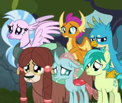 Size: 849x720 | Tagged: safe, screencap, character:gallus, character:ocellus, character:sandbar, character:silverstream, character:smolder, character:yona, species:changedling, species:changeling, species:dragon, species:earth pony, species:griffon, species:hippogriff, species:pony, species:reformed changeling, species:yak, episode:school daze, g4, my little pony: friendship is magic, cute, diaocelles, diastreamies, dragoness, female, gallabetes, male, puppy dog eyes, sad, sandabetes, smolderbetes, teenaged dragon, teenager, yonadorable
