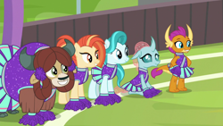 Size: 1920x1080 | Tagged: safe, screencap, character:lighthoof, character:ocellus, character:shimmy shake, character:smolder, character:yona, species:changedling, species:changeling, species:dragon, species:earth pony, species:pony, species:reformed changeling, species:yak, episode:2-4-6 greaaat, cheerleader outfit, clothing, cloven hooves, dragoness, female, mare, monkey swings, pom pom
