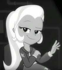 Size: 210x240 | Tagged: safe, screencap, character:trixie, episode:rarity investigates: the case of the bedazzled boot, g4, my little pony:equestria girls, clothing, cropped, female, grayscale, monochrome, solo