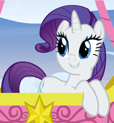 Size: 796x863 | Tagged: safe, screencap, character:rarity, species:pony, species:unicorn, episode:yakity-sax, g4, my little pony: friendship is magic, cropped, cute, female, hot air balloon, mare, raribetes, smiling, solo, twinkling balloon