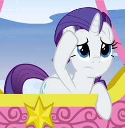 Size: 865x887 | Tagged: safe, screencap, character:rarity, species:pony, species:unicorn, episode:yakity-sax, g4, my little pony: friendship is magic, cropped, female, hot air balloon, mare, raised hoof, solo, twinkling balloon