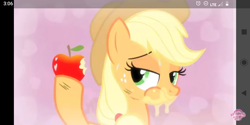 Size: 1440x720 | Tagged: safe, screencap, character:applejack, species:earth pony, species:pony, episode:simple ways, g4, my little pony: friendship is magic, apple, apple juice, eating, food, heart, herbivore, hoof hold, juice, out of context, screenshot failure, solo, stupid sexy applejack, suggestive eating, sweat, watermark