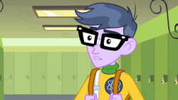 Size: 1539x866 | Tagged: safe, screencap, character:microchips, equestria girls:equestria girls, g4, my little pony:equestria girls, glasses, hallway, lockers, male, shocked