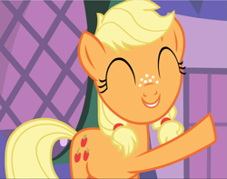 Size: 1191x939 | Tagged: safe, screencap, character:applejack, species:earth pony, species:pony, episode:where the apple lies, g4, my little pony: friendship is magic, cropped, cute, eyes closed, female, freckles, happy, jackabetes, smiling, solo, teenage applejack, teenager