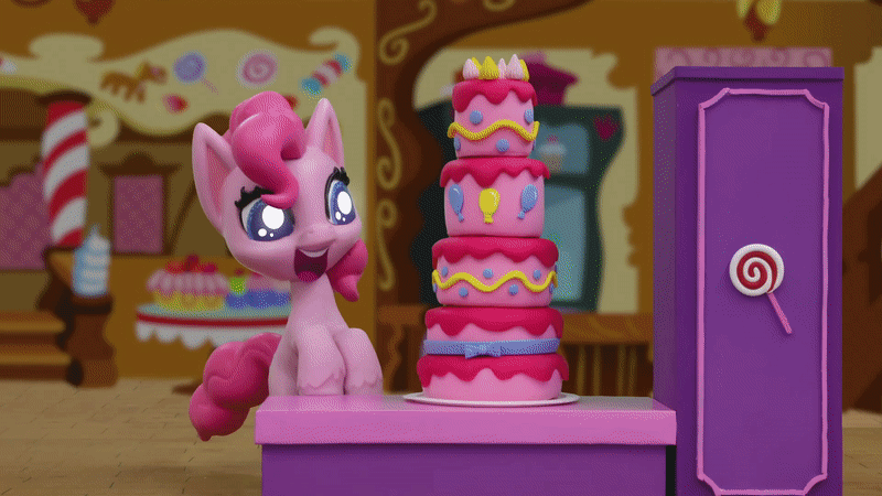 Size: 800x450 | Tagged: safe, screencap, character:pinkie pie, character:rainbow dash, species:earth pony, species:pegasus, species:pony, g4.5, my little pony: stop motion short, my little pony:pony life, animated, cake, cake off, cute, dashabetes, double take, flying, food, frosting, gif, happy, smiling, stop motion, surprised, wings