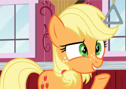Size: 1333x938 | Tagged: safe, screencap, character:applejack, species:earth pony, species:pony, episode:where the apple lies, g4, my little pony: friendship is magic, cropped, female, freckles, raised hoof, smiling, solo, teenage applejack, teenager