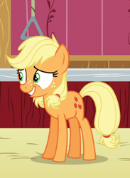 Size: 594x813 | Tagged: safe, screencap, character:applejack, species:earth pony, species:pony, episode:where the apple lies, g4, my little pony: friendship is magic, cropped, female, freckles, nervous grin, solo, teenage applejack, teenager
