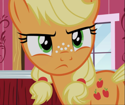 Size: 1121x938 | Tagged: safe, screencap, character:applejack, species:earth pony, species:pony, episode:where the apple lies, g4, my little pony: friendship is magic, butt, cropped, female, freckles, glare, plot, serious, solo, teenage applejack, teenager