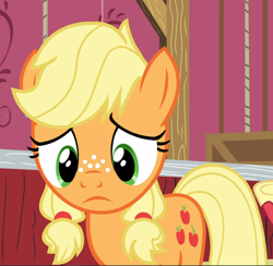 Size: 962x939 | Tagged: safe, screencap, character:applejack, species:earth pony, species:pony, episode:where the apple lies, g4, my little pony: friendship is magic, cropped, cute, female, freckles, sad, sadorable, solo, teenage applejack, teenager