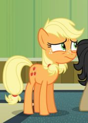 Size: 463x646 | Tagged: safe, screencap, character:applejack, species:earth pony, species:pony, episode:where the apple lies, g4, my little pony: friendship is magic, cropped, female, freckles, nervous, solo, teenage applejack, teenager