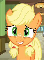 Size: 691x938 | Tagged: safe, screencap, character:applejack, species:earth pony, species:pony, episode:where the apple lies, g4, my little pony: friendship is magic, cropped, cute, female, freckles, jackabetes, smiling, solo, teenage applejack, teenager