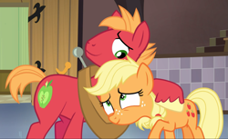 Size: 1527x937 | Tagged: safe, screencap, character:applejack, character:big mcintosh, species:earth pony, species:pony, episode:where the apple lies, g4, my little pony: friendship is magic, brother and sister, cropped, female, freckles, hug, male, siblings, smiling, teenage applejack, teenage big macintosh, teenager