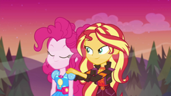 Size: 1600x900 | Tagged: safe, screencap, character:pinkie pie, character:sunset shimmer, equestria girls:sunset's backstage pass, g4, my little pony:equestria girls, geode of empathy, geode of sugar bombs, magical geodes, music festival outfit