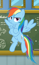 Size: 530x877 | Tagged: safe, screencap, character:rainbow dash, species:pegasus, species:pony, episode:top bolt, g4, my little pony: friendship is magic, chalkboard, cropped, crossed hooves, female, flying, mare, proud, smiling, solo, spread wings, wings