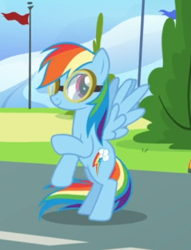 Size: 350x457 | Tagged: safe, screencap, character:rainbow dash, species:pegasus, species:pony, episode:top bolt, g4, my little pony: friendship is magic, bipedal, cropped, female, goggles, mare, raised hoof, smiling, solo, spread wings, wings