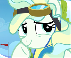Size: 1149x939 | Tagged: safe, screencap, character:vapor trail, species:pegasus, species:pony, episode:top bolt, g4, my little pony: friendship is magic, close-up, clothing, cropped, cute, female, goggles, mare, raised hoof, smiling, solo, uniform, wonderbolt trainee uniform