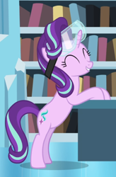 Size: 560x854 | Tagged: safe, screencap, character:starlight glimmer, species:pony, species:unicorn, episode:celestial advice, g4, my little pony: friendship is magic, bipedal, bipedal leaning, cropped, cute, eyes closed, female, glimmerbetes, goggles, leaning, mare, smiling, solo