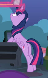 Size: 362x581 | Tagged: safe, screencap, character:twilight sparkle, character:twilight sparkle (alicorn), species:alicorn, species:pony, episode:celestial advice, g4, my little pony: friendship is magic, bipedal, bipedal leaning, cropped, glowing horn, horn, leaning, measuring tape, solo