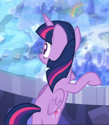 Size: 610x701 | Tagged: safe, screencap, character:twilight sparkle, character:twilight sparkle (alicorn), species:alicorn, species:pony, episode:celestial advice, g4, my little pony: friendship is magic, bipedal, bipedal leaning, cropped, cutie map, leaning, rear view, solo