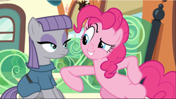 Size: 1667x942 | Tagged: safe, screencap, character:maud pie, character:pinkie pie, species:earth pony, species:pony, episode:rock solid friendship, g4, my little pony: friendship is magic, cropped, duo, female, looking at each other, mare, nudge, pie sisters, raised eyebrow, raised hoof, siblings, sisters, sitting, train