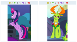 Size: 706x387 | Tagged: safe, screencap, character:thorax, character:twilight sparkle, character:twilight sparkle (alicorn), species:alicorn, species:changeling, species:pony, species:reformed changeling, derpibooru, ship:twirax, episode:celestial advice, g4, my little pony: friendship is magic, butt, cropped, dat butt, female, juxtaposition, male, meme, meta, offscreen character, out of context, shipping, stare, straight, twibutt