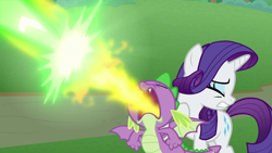 Size: 1280x720 | Tagged: safe, screencap, character:rarity, character:spike, species:dragon, species:pony, species:unicorn, episode:the ending of the end, g4, my little pony: friendship is magic, angry, blast, duo, eyes closed, fight, fire, fire breath, looking back, magic, shipping fuel, spread wings, winged spike, wings