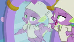 Size: 1920x1080 | Tagged: safe, screencap, character:spike, species:dragon, episode:a trivial pursuit, g4, my little pony: friendship is magic, baby dragon, claws, fangs, flapping, flying, hand on hip, mirror, nightcap, pointing, raised eyebrow, reflection, sleepwear, slit eyes, smiling, smirk, solo, talking to himself, winged spike