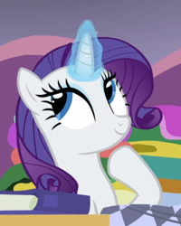 Size: 592x739 | Tagged: safe, screencap, character:rarity, species:pony, species:unicorn, episode:forever filly, g4, my little pony: friendship is magic, cropped, cute, female, glowing horn, horn, mare, raised hoof, raribetes, smiling, solo, thinking