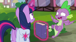 Size: 1920x1080 | Tagged: safe, screencap, character:spike, character:twilight sparkle, character:twilight sparkle (alicorn), species:alicorn, species:dragon, species:pony, episode:a trivial pursuit, g4, my little pony: friendship is magic, bag, book, butt, plot, saddle bag, winged spike
