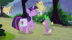 Size: 1920x1080 | Tagged: safe, screencap, character:spike, character:twilight sparkle, character:twilight sparkle (alicorn), species:alicorn, species:dragon, species:pony, episode:a trivial pursuit, g4, my little pony: friendship is magic, bag, happy, saddle bag, tree, winged spike