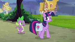 Size: 1920x1080 | Tagged: safe, screencap, character:spike, character:twilight sparkle, character:twilight sparkle (alicorn), species:alicorn, species:dragon, species:pony, episode:a trivial pursuit, g4, my little pony: friendship is magic, bag, saddle bag, tree, winged spike