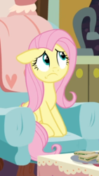 Size: 298x527 | Tagged: safe, screencap, character:fluttershy, species:pegasus, species:pony, episode:discordant harmony, g4, my little pony: friendship is magic, chair, cropped, female, floppy ears, mare, sitting, solo
