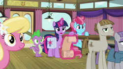 Size: 1920x1080 | Tagged: safe, screencap, character:cup cake, character:lily, character:lily valley, character:maud pie, character:mudbriar, character:spike, character:twilight sparkle, character:twilight sparkle (alicorn), species:alicorn, species:dragon, species:pony, episode:a trivial pursuit, g4, my little pony: friendship is magic, bag, saddle bag, scroll, winged spike