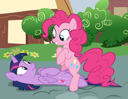 Size: 1077x830 | Tagged: safe, screencap, character:pinkie pie, character:twilight sparkle, character:twilight sparkle (alicorn), species:alicorn, species:earth pony, species:pony, episode:fame and misfortune, g4, my little pony: friendship is magic, bipedal, cropped, duo, female, looking at each other, lying down, mare, out of context, smiling