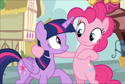 Size: 1390x940 | Tagged: safe, screencap, character:pinkie pie, character:twilight sparkle, character:twilight sparkle (alicorn), species:alicorn, species:earth pony, species:pony, episode:fame and misfortune, g4, my little pony: friendship is magic, bipedal, cropped, duo, female, hoof around neck, looking at each other, mare, raised hoof, smiling