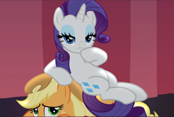 Size: 1396x941 | Tagged: safe, screencap, character:applejack, character:rarity, species:earth pony, species:pony, species:unicorn, episode:fame and misfortune, g4, my little pony: friendship is magic, cropped, duo, female, freckles, lidded eyes, mare, raised hoof, sitting on, sitting on pony, we're not flawless