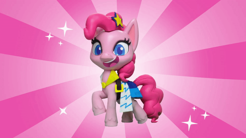 Size: 800x450 | Tagged: safe, screencap, character:pinkie pie, species:earth pony, species:pony, g4.5, my little pony: stop motion short, my little pony:pony life, animated, clothing, fashion, fashion failure, gif, hair ornament, one eye closed, smiling, solo, sparkles, stop motion, sunburst background, wave, wink