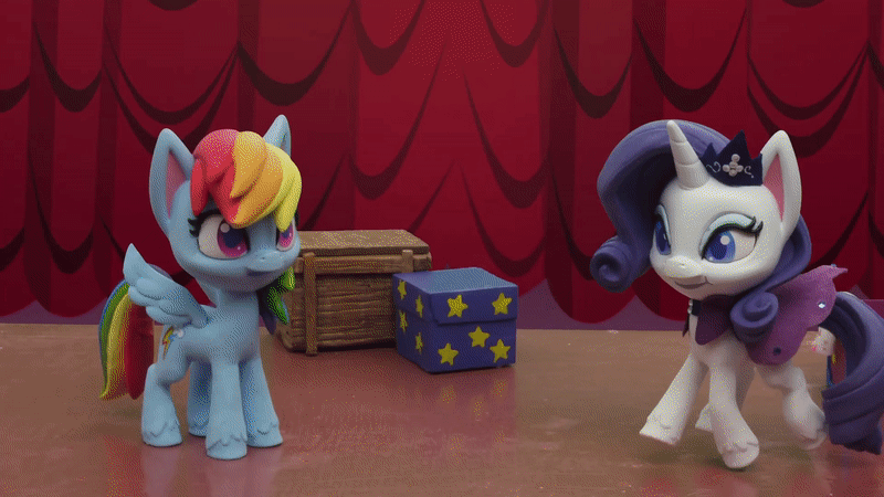 Size: 800x450 | Tagged: safe, screencap, character:rainbow dash, character:rarity, species:pegasus, species:pony, species:unicorn, g4.5, my little pony: stop motion short, my little pony:pony life, animated, backstage, clothing, do not want, fashion, fashion failure, gif, hat, magic, magic glow, rainbow dash always dresses in style, stop motion, telekinesis, trunk